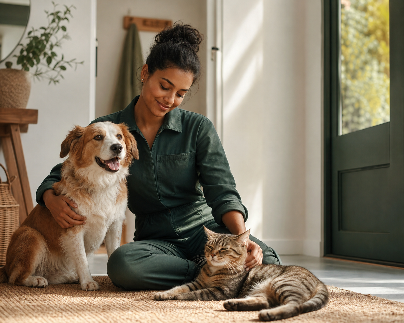 A trusted animal-care professional spending time with a dog and cat